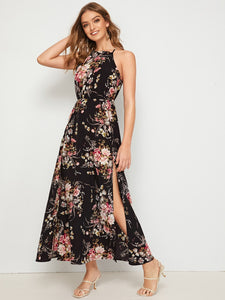 Botanical Print Tie Back High Split Halter Dress