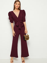 Load image into Gallery viewer, Plunging Neck Puff Sleeve Flare Leg Belted Jumpsuit