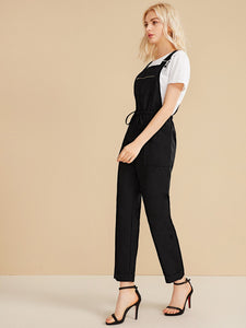 Zipper Front Drawstring Waist Solid Overalls