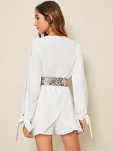 Load image into Gallery viewer, Surplice Neck Tie Cuff Snakeskin Print Belted Romper