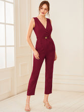 Load image into Gallery viewer, Surplice Neck Buckle Belted Slant Pocket Jumpsuit