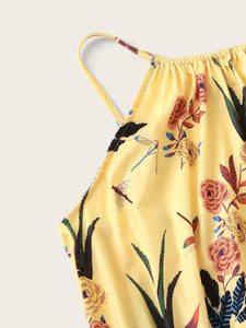 Elastic Waist Floral Print Halter Romper