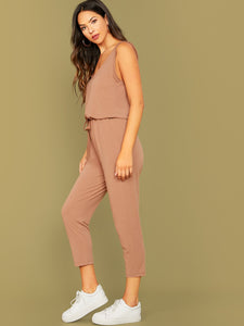 Raw Edge Drawstring Waist Sleeveless Jumpsuit