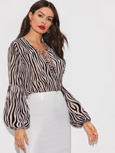 Load image into Gallery viewer, Zebra Striped Lace Up Bishop Sleeve Top