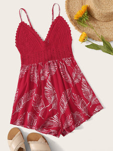 Crochet Bodice Knot Back Plants Print Romper