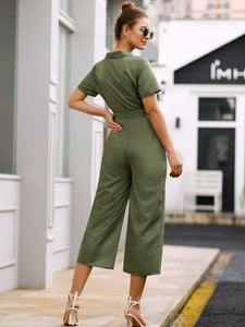 Solid Double-breasted Belted Jumpsuit