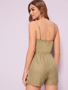 Drawstring Waist Flap Pocket Cami Romper