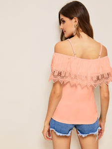 Cold Shoulder Guipure Lace Trim Top