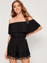 Load image into Gallery viewer, Tassel Detail Hem Ruffle Trim Bardot Romper