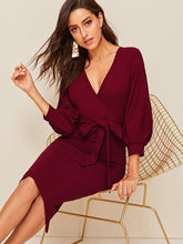 Load image into Gallery viewer, Self Belted Split Hem Surplice Wrap Dress