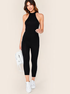 Solid Striped Tape Halter Jumpsuit