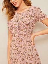 Load image into Gallery viewer, 70s Ditsy Floral Tie Neck Ruffle Trim Dress