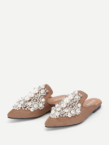 Faux Pearl Decorated Flat Mules