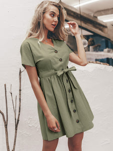 Simplee Button Front Tie Waist Tea Dress