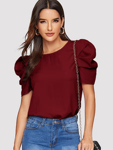 Button Keyhole Back Puff Sleeve Top