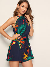 Load image into Gallery viewer, Floral Print Tie Back Belted Halter Playsuit