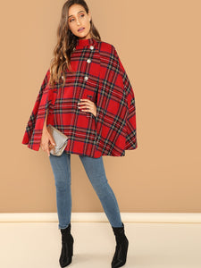 Double Button Plaid Cape Coat