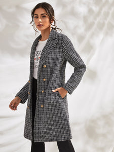 Lapel Neck Double Breasted Plaid Tweed Coat