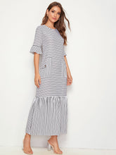 Load image into Gallery viewer, Striped Dual Pocket Ruffle Hem Dress