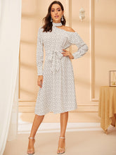 Load image into Gallery viewer, Asymmetrical Neck Ruffle Trim Polka Dot Belted Dress