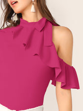 Load image into Gallery viewer, Tie Neck Cold Shoulder Ruffle Trim Top