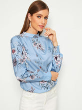 Load image into Gallery viewer, Mock-neck Floral Print Keyhole Back Blouse