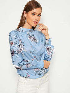 Mock-neck Floral Print Keyhole Back Blouse