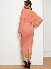 Load image into Gallery viewer, Blouson Sleeve Slit Hem Surplice Bardot Dress