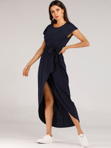 Belted Tulip Hem Solid Wrap Dress