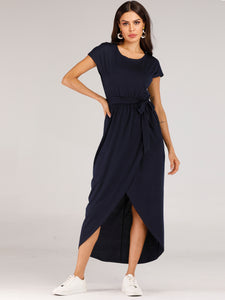 Belted Tulip Hem Solid Wrap Dress