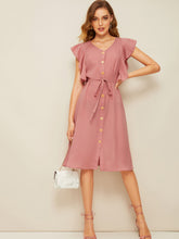 Load image into Gallery viewer, 70s Ruffle Armhole Button Front Dress