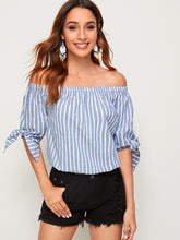 Load image into Gallery viewer, Striped Off Shoulder Knotted Sleeve Top