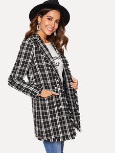 Notch Collar Frayed Edge Plaid Longline Tweed Coat