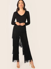 Load image into Gallery viewer, V Neck Layered Fringe Trim Jumpsuit