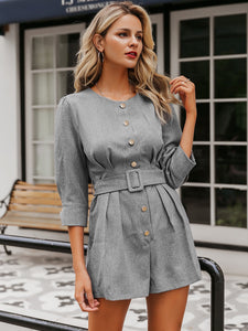 Simplee Solid Button Detail Belted Romper