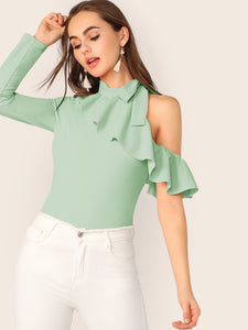 Tie Neck Cold Shoulder Ruffle Trim Top