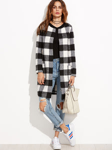 Checkered Open Front Collarless Coat