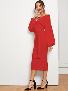 Blouson Sleeve Slit Hem Surplice Bardot Dress