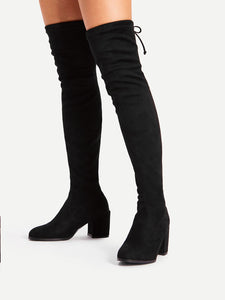 Tie Back Over Knee Block Heeled Boots