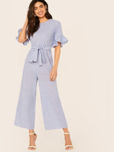 Load image into Gallery viewer, Ruffle Cuff Self Belted Wide Leg Striped Jumpsuit