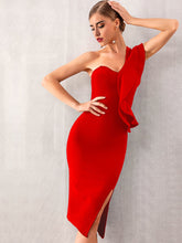 Load image into Gallery viewer, Adyce One Shoulder Exaggerated Ruffle Trim Split Hem Dress