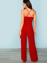 Load image into Gallery viewer, Tie Waist Crisscross Back Surplice Wrap Cami Jumpsuit