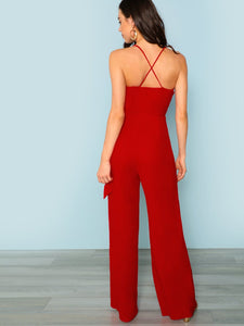 Tie Waist Crisscross Back Surplice Wrap Cami Jumpsuit