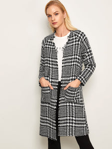 Open Front Raw Trim Houndstooth Coat