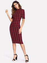 Load image into Gallery viewer, Mock Neck Grid Fitted Dress