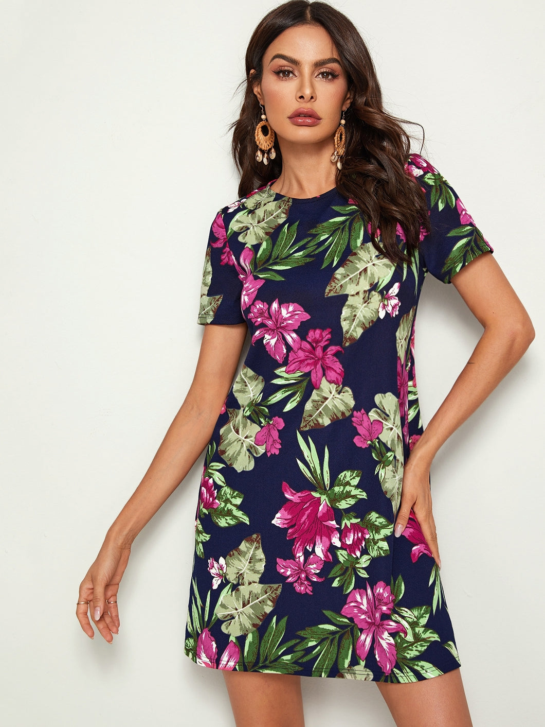 Keyhole Back Tropical Floral Print Tunic Dress