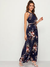 Load image into Gallery viewer, Floral Print Tie Back Belted Maxi Dress