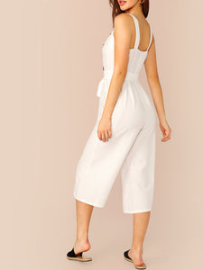 Button Front Belted Pinafore Jumpsuit