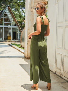 Neon Orange Shirred Knot Wide Leg Jumpsuit