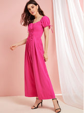 Load image into Gallery viewer, Neon Pink Lace Up Sweetheart Neck Wide Leg Jumpsuit